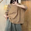 Summer Retro Artistic Embroidery Cotton Linen Top for Women Loose Slimming Short Sleeved T-shirt Versatile Pullover T-Shirts Women’s