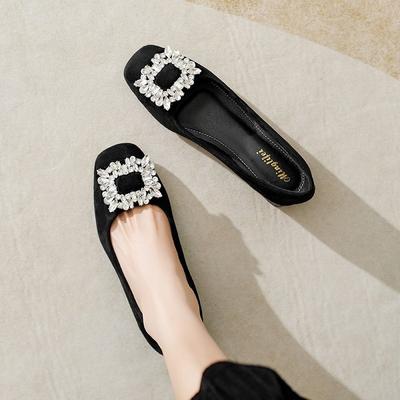 Французские туфли-лодочки на низком каблуке, женские, с квадратным носком, стразами, на толстом каблуке, маленькие кожаные туфли, новинка лета 2025 года, офисные туфли с бриллиантами