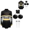 4Pcs Girls Cheer Leader Costume Long Sleeve Diamonds Dance Jumpsuit with Cheerleading Hand Flower Bowknot Hair Ties and Striped Knee High Tube Socks