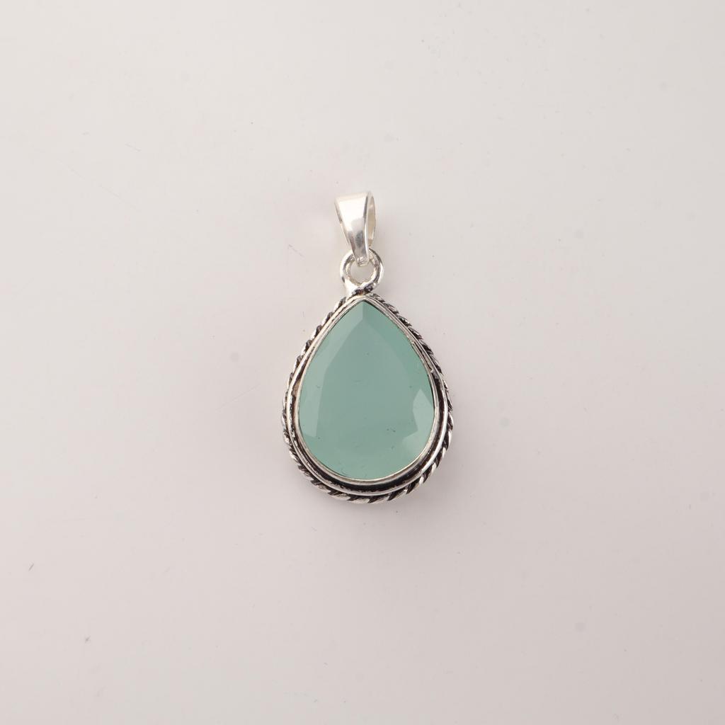 Aqua Chalcedony Gemstone 925 Sterling Silver Handcrafted Boho Pendant 1.3" Wedding Jewelry For Women APP-3-18
