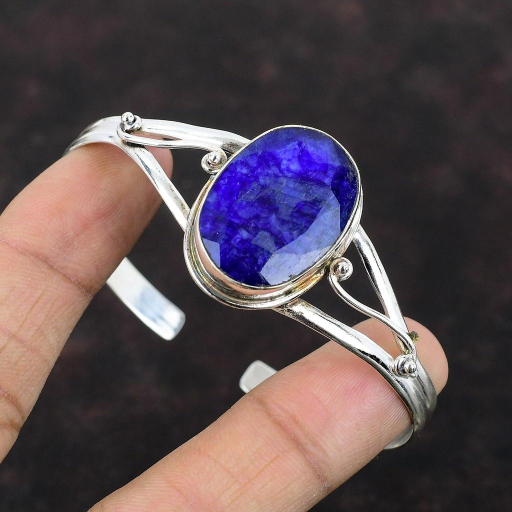 Браслет с граненым синим сапфиром, ювелирные изделия из драгоценных камней, регулируемый браслет-манжета, браслет из стерлингового серебра 925 пробы, уникальный браслет-манжета ручной работы, подарок для мамы