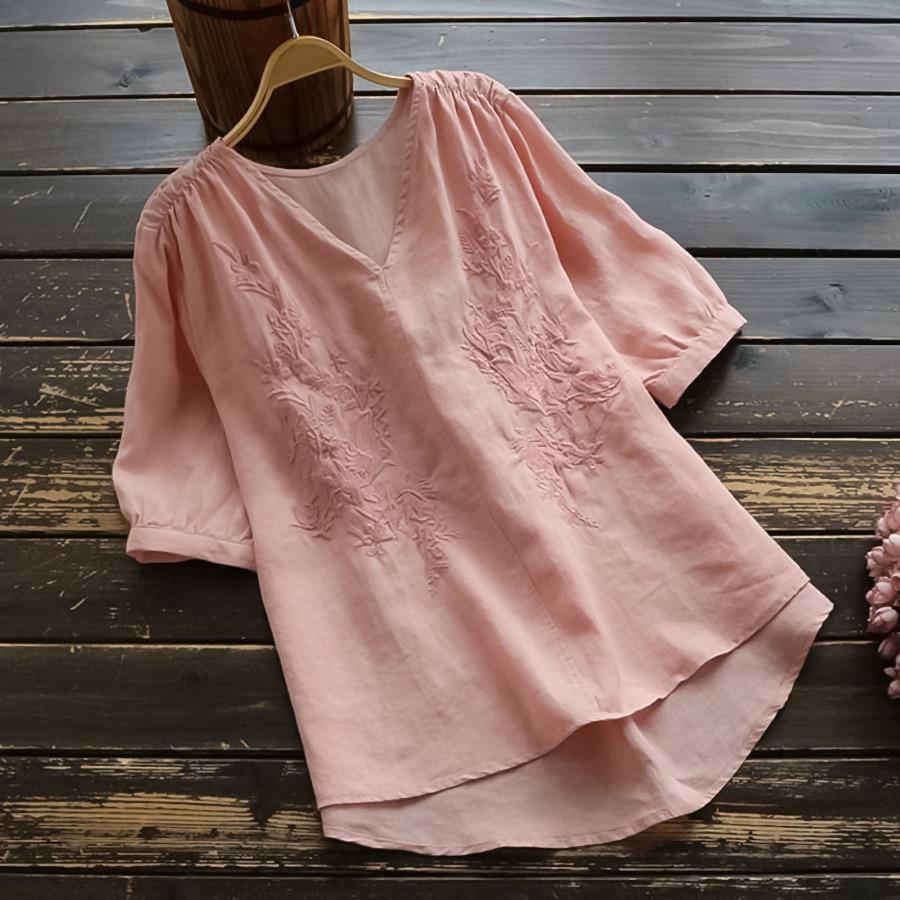 Summer Floral Embroidered T-shirt V-neck Cotton Linen Casual Pullover Short Sleeve Blouse Top for Women