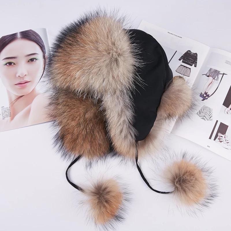 Женская шапка из натурального лисьего меха с меховыми шариками, женские корейские зимние шапки из натурального меха енота, теплая шапка-бомбер для девочек с ушами на лыжах, велоспорте, снежная шапка-бомбер