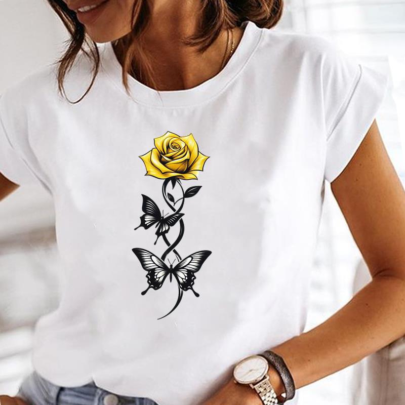 (Asian Size) Clothing Style Flower Trend Short Sleeve Print T Shirt Fashion Ladies Casual Women Tee Top Lady Female Graphic T-shirts