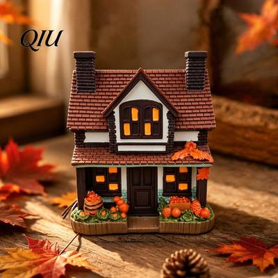 Rustic Halloween Cottage Vintage Light-Up Pumpkins Cottage, Lighted Manor Figurine, Decor Indoor, Retro Style Pumpkin Lamp Fall Spooky Table