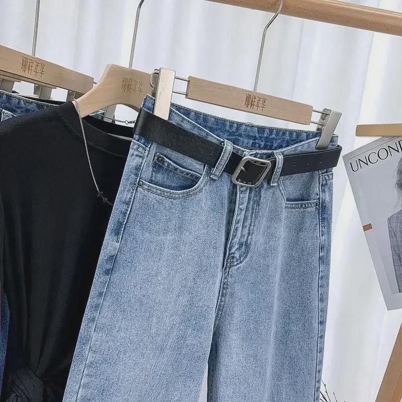 Женские плюшевые джинсы с высокой талией: Теплые узкие свободные прямые брюки-шаровары с девятью точками на осень/зиму 2021 года