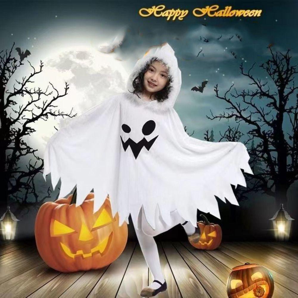 Plush Kids Halloween Costume White Feather Children's Party Costume Cool Ghost Hooded Cloak Gift