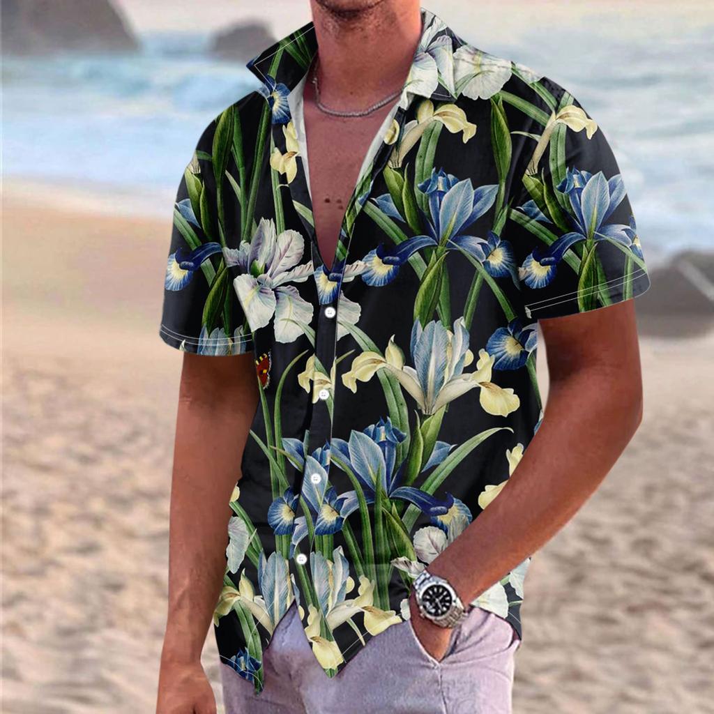 Men'S Casual Loose Fitting Short Sleeved Shirt Fashionable Lapel Shirt Top