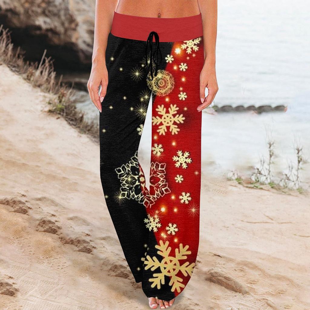 Women's Comfy Pajama Pants Pocket Christmas Print Drawstring Wide Leg Pants