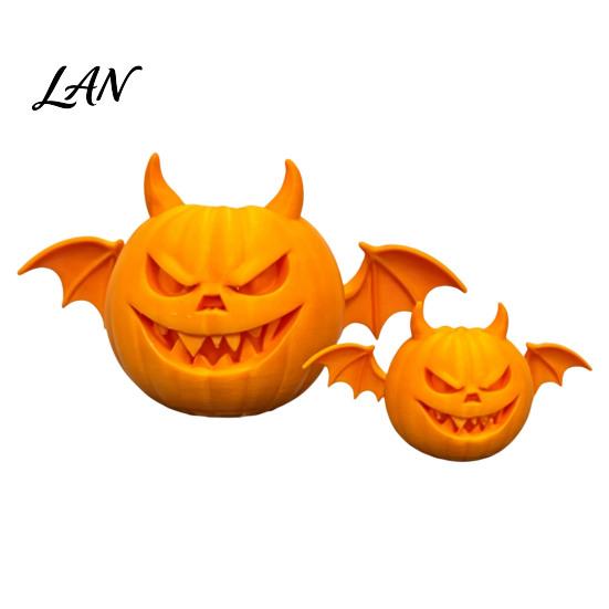 Scary Pumpkin Statue 2Pcs 3D Printed Demon Figurine, Devil with Bat Spooky Wings & Horns, Sculpture for Halloween Party Decoration Decor
