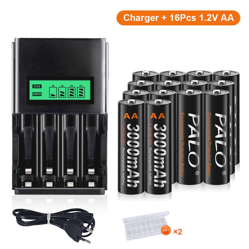 PALO 1,2 В 3000 мАч AA аккумуляторная батарея NIMH 2 батарейки AAA для фонарика игрушечная камера игрушки с зарядным устройством AA AAA