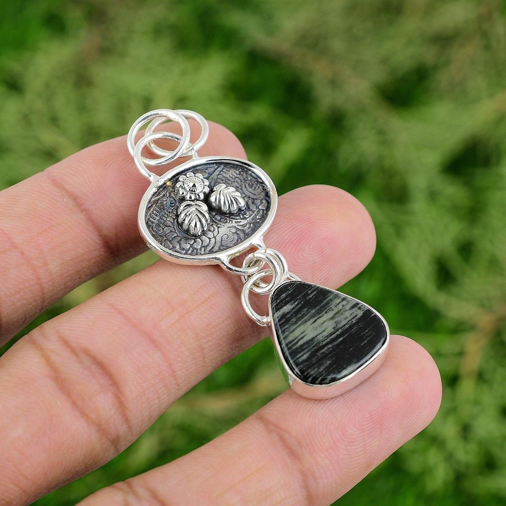 Daughters Day Sale Trillion Natural Silver Leaf Jasper Sterling Silver Pendant