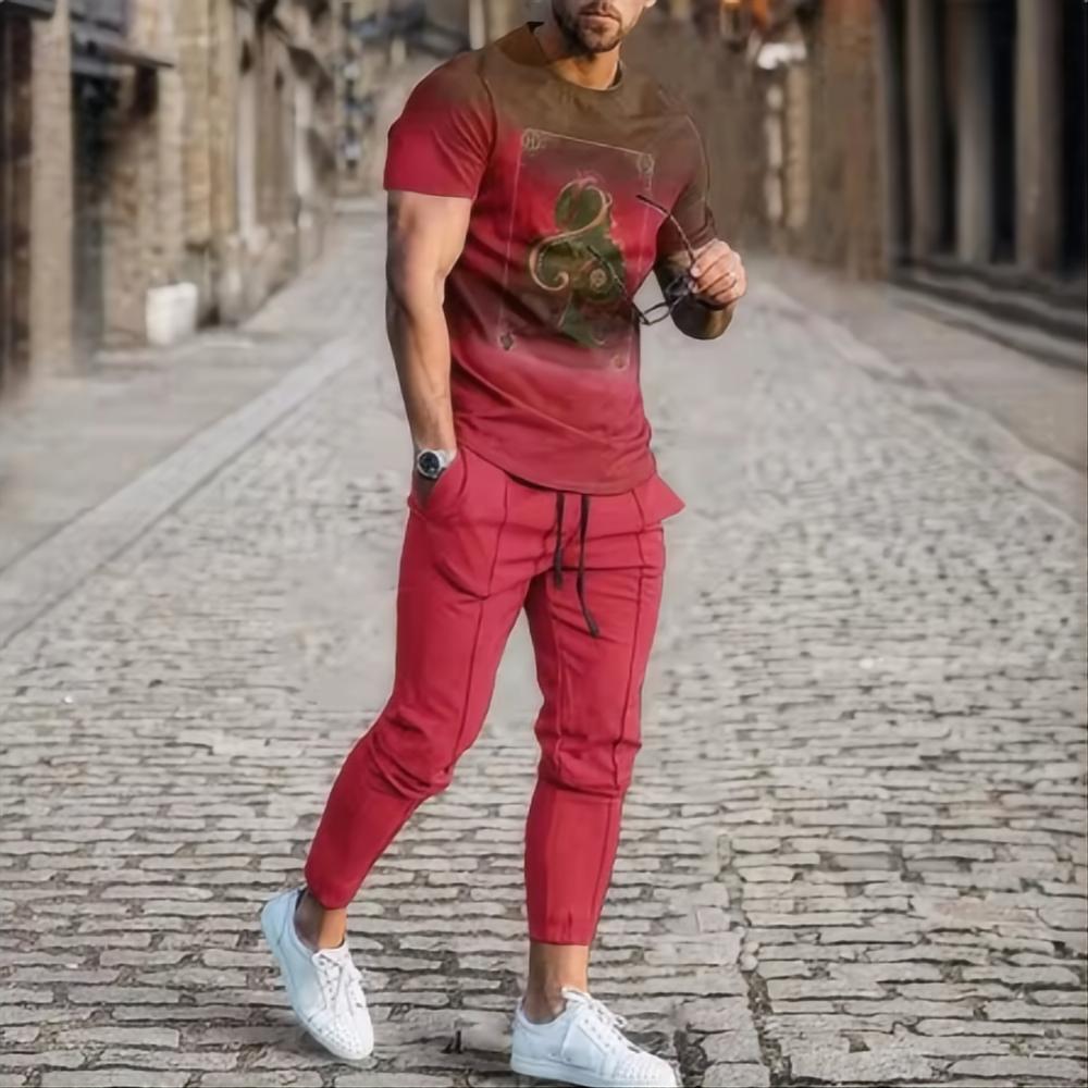 2024 мужской летний костюм градиентный тренд футболка с короткими рукавами длинные брюки костюм-двойка 3D-принт ретро-стиль круглый вырез уличная одежда