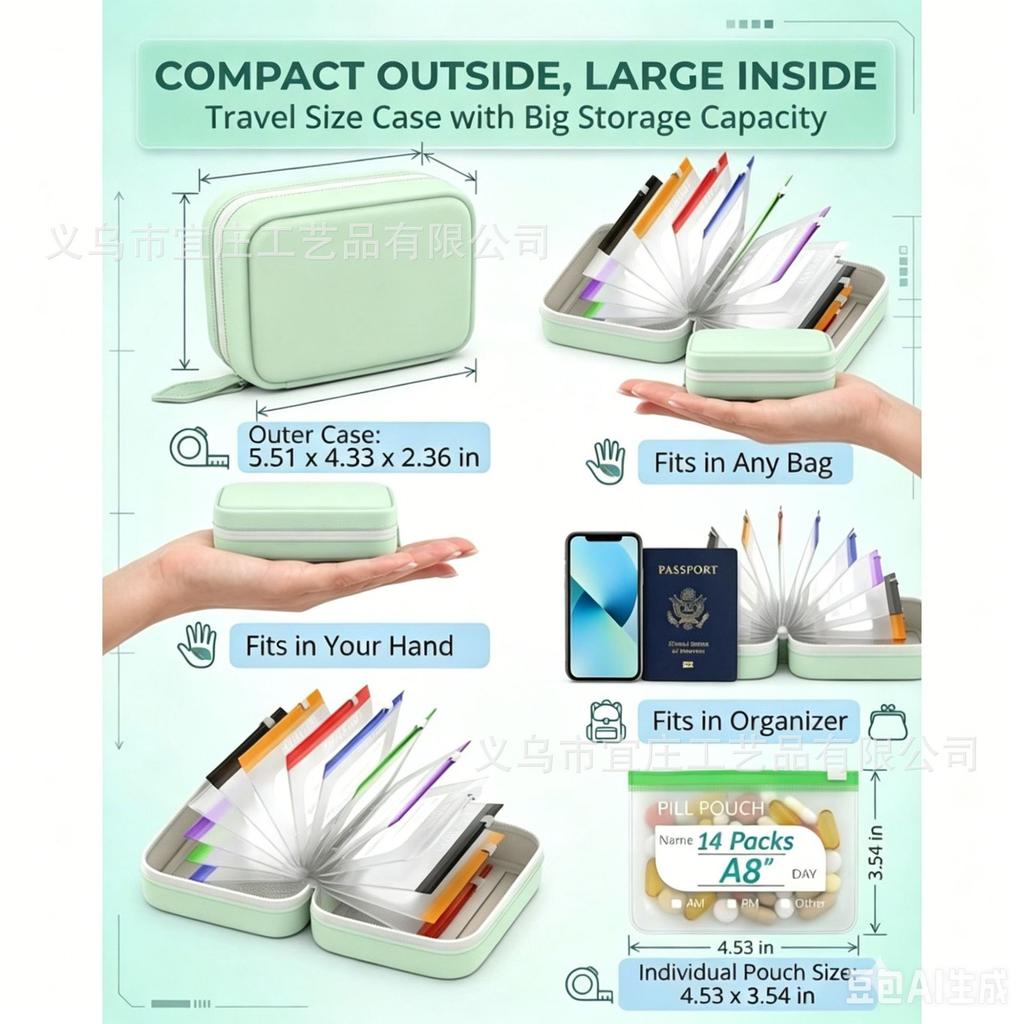 A8 Waterproof Pill Pouch Set - Weekly Pill Organizer with 4 Color-Coded Medicine Bags, Travel Pill Case