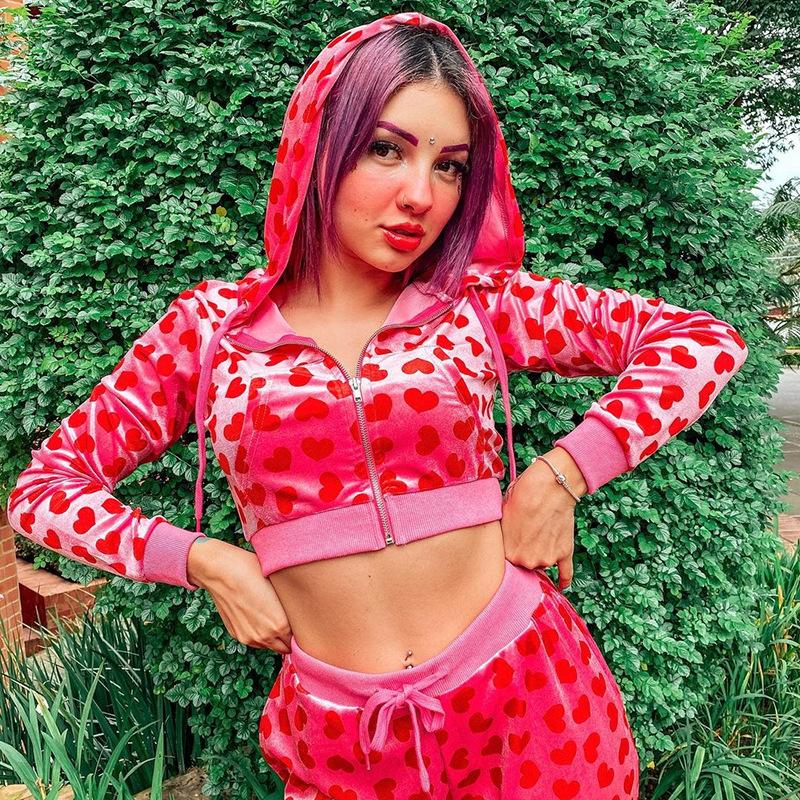 Розовые бархатные толстовки, женские куртки Kawaii с сердечным принтом, укороченные толстовки с длинными рукавами на молнии, осень