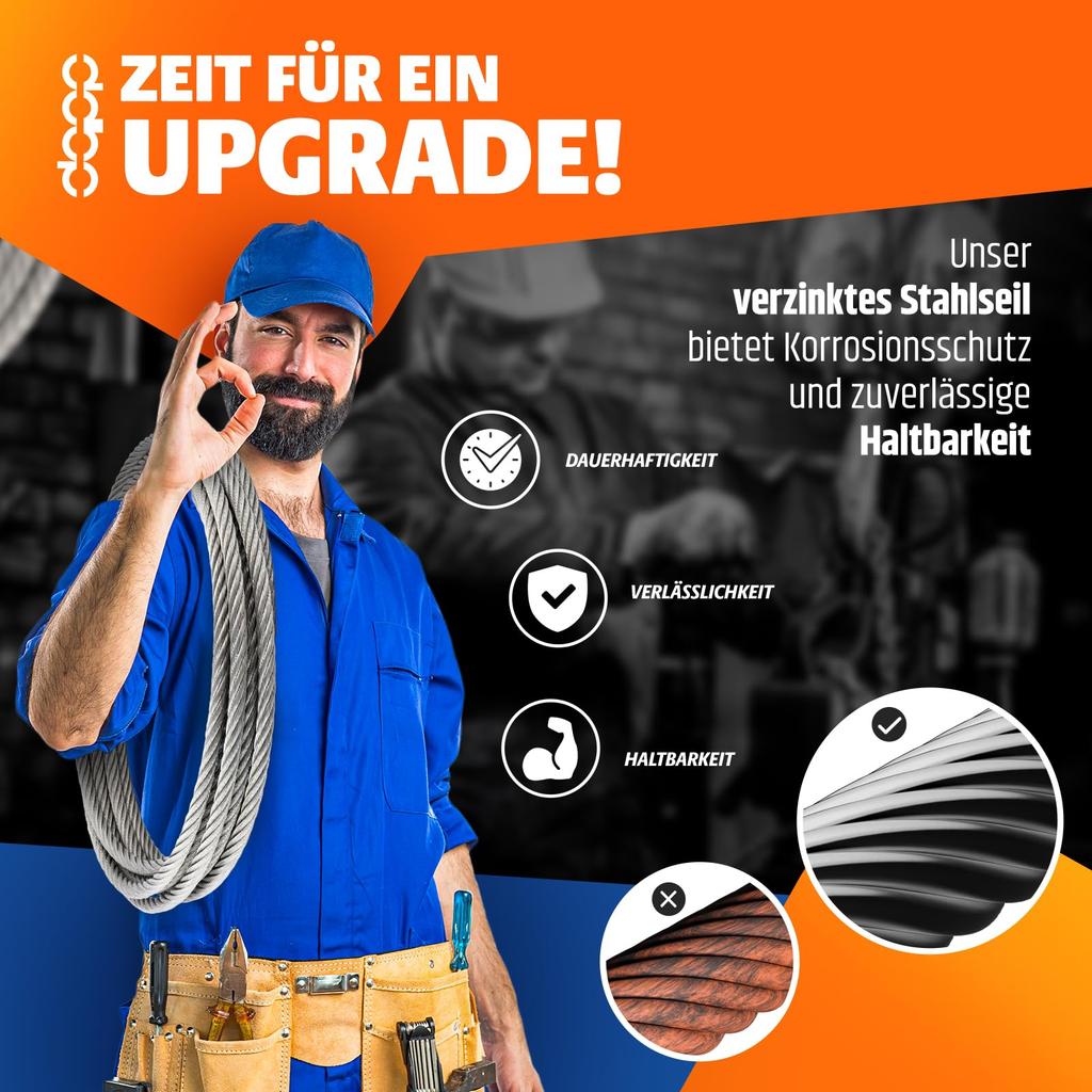 DQ-PP STAHLSEIL - Konstruktion: 6x7 - Durchmesser: 1.5mm - Länge: 200m - galvanisch verzinktes Drahtseil - Forstseil - Windenseil - Spannseil