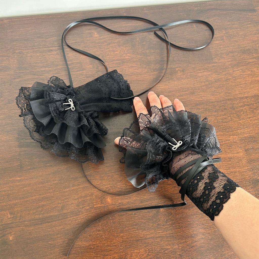 Lolita Ribbon Wrist Cuffs Detachable Wristband Elegant Pleated Lace Brim False Wristband for Balletcore Accessories