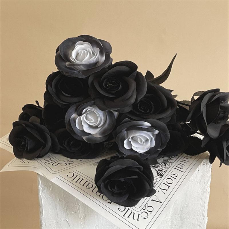 Fake Flower Black Silk Artificial Rose Flower Halloween Gothic Dark Flowers For Wedding Home Party Decor Simulation Flowers