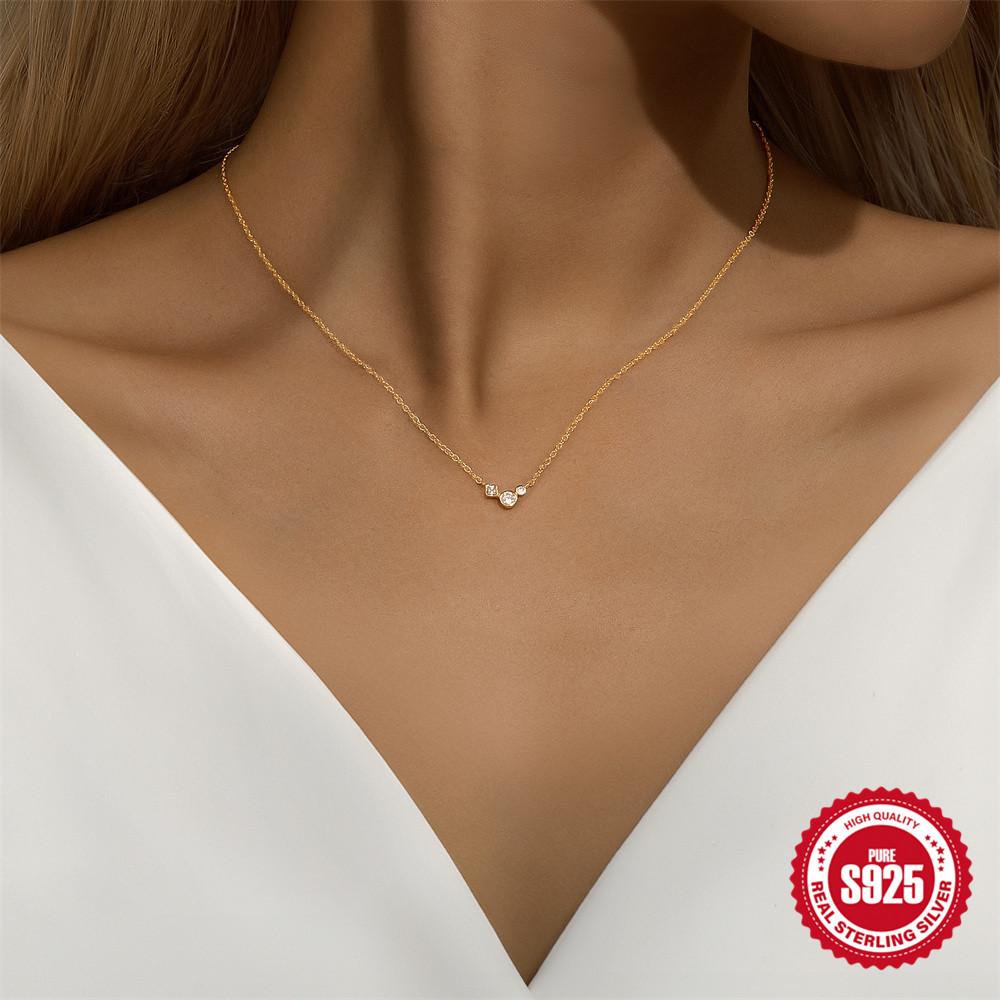 S925 Sterling Silver Geometric Square Diamond Round Diamond Splicing Square And Circle Fusion Fashion Clavicle Chain Necklace