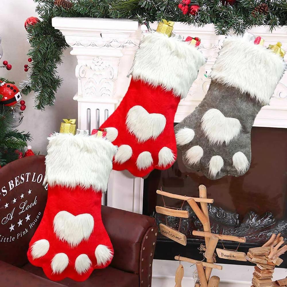 Christmas Gift Bags Long Hair Dog Paw Socks Style Pet Candy Bag for Kids Christmas Tree Decoration Holiday Party Supplies Use