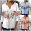 Spring Summer Women's Flower Print V-Neck Short Sleeve Pleated Button T-shirt