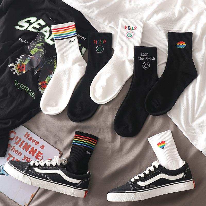 Women's Korean Trendy Cartoon Long Sports Socks - Black & White, Mid-Tube, Autumn/Winter, All-Match.