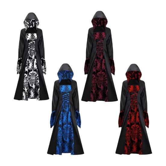 Женское платье для косплея в темном стиле, костюм для вечеринки на Хэллоуин, на шнуровке, с капюшоном, с цветочным принтом, подходящее по цвету, с длинными рукавами и рогами, платье трапециевидной формы