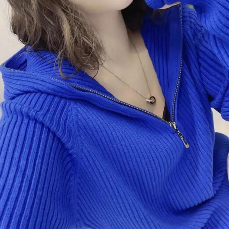 WTEMPO Женские однотонные свитера с длинным рукавом, свободные повседневные джемперы, уличная одежда, осень-зима, с капюшоном, полумолния, трикотажные пуловеры