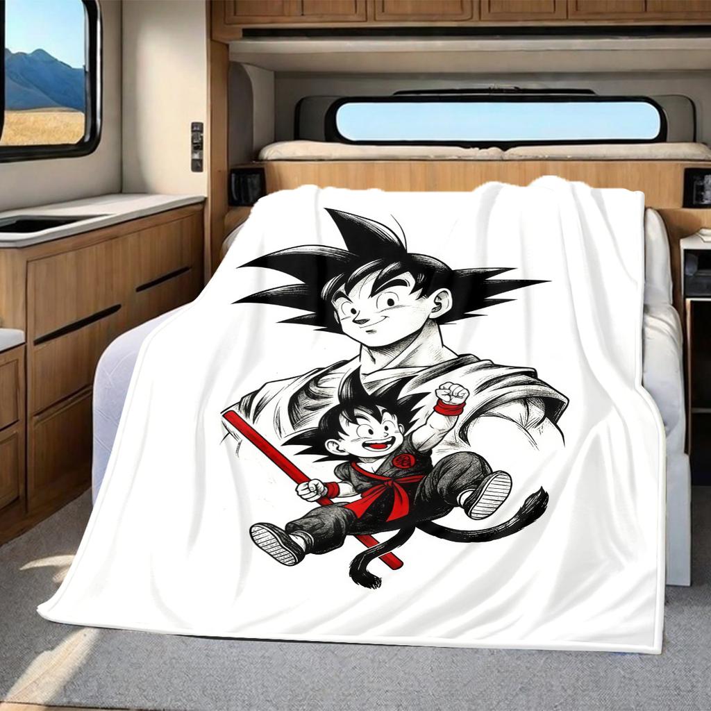 1PC Cute Cartoon Son Goku Print Flannel Blanket, High quality All Seasons, Home Decor, Warmth and Comfort, Perfect for Christmas Gifts