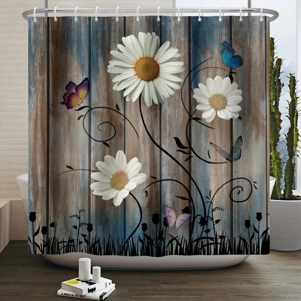 Деревенская занавеска для душа с подсолнухами и ромашками, бабочки, цветочный винтажный кантри фермерский дом, цветок, деревянная доска, водонепроницаемая занавеска для ванной