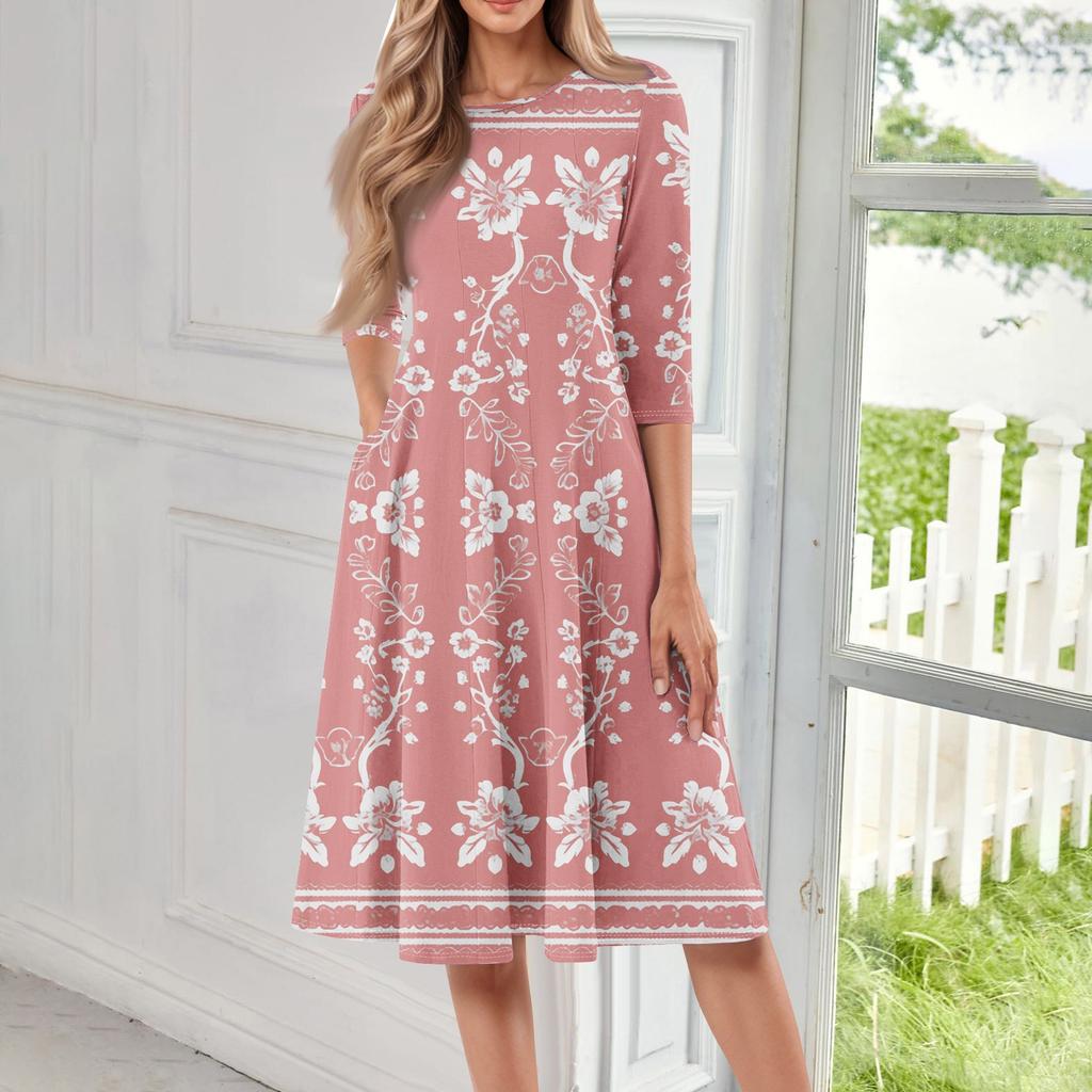 Women's Loose Casual And Fashionable Round Neck Seven Quarter Sleeved Printed Mid Length Dress