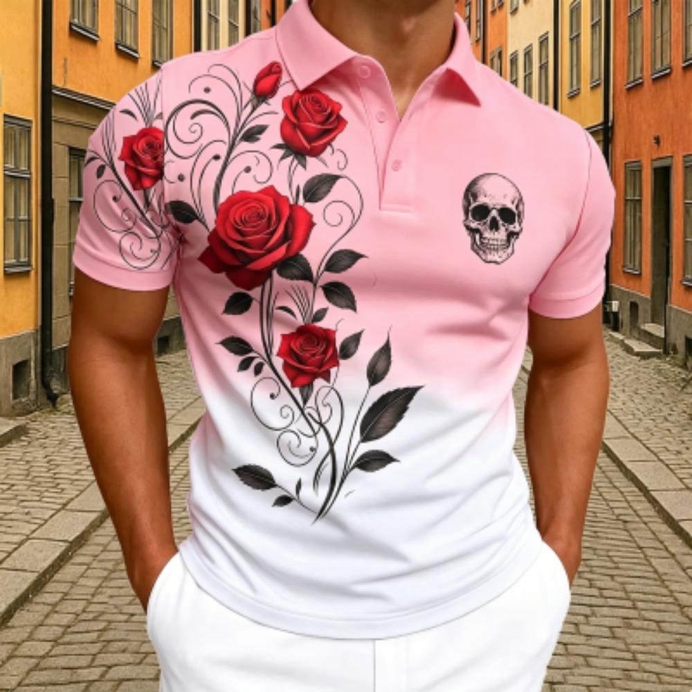 Men's Rose Floral Skull Print Polo Shirt Men's Outdoor Street Short Sleeve Tees Top Summer Home Casual T-shirt Men's and Women's Polo Shirt