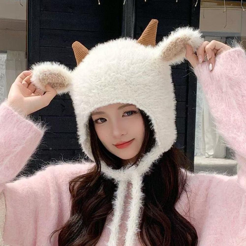 Fleece Lined Knitted Hat Korean Style Pullover Hat Cute Sheep Horn Hat Daily Outing