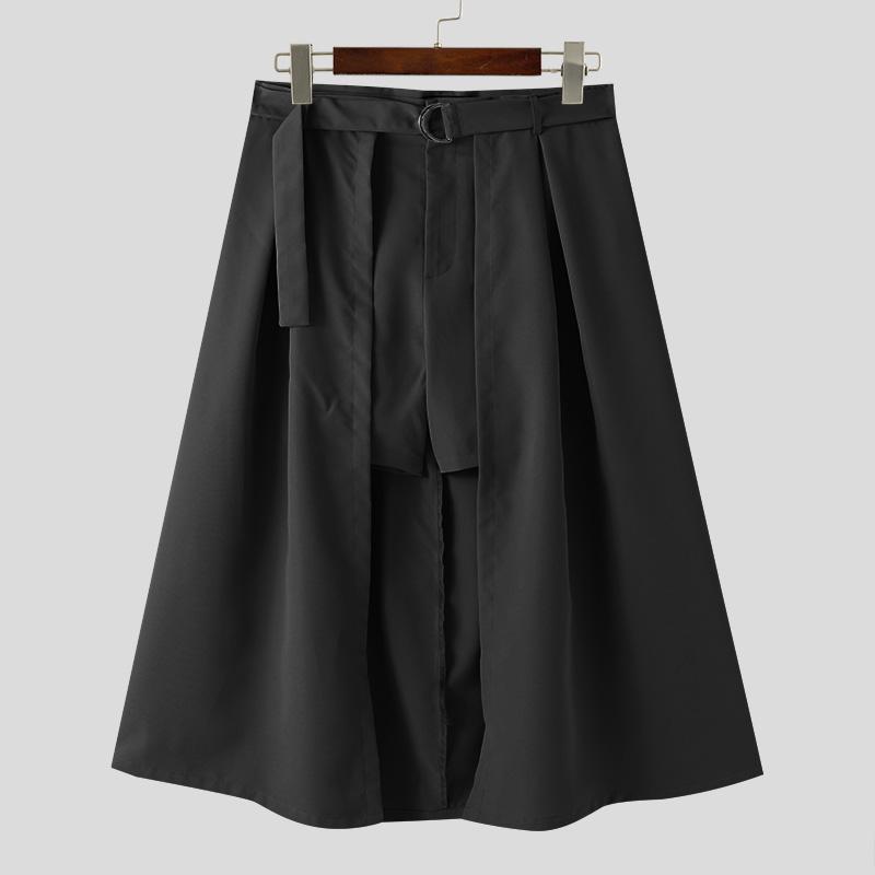 INCERUN Men Solid Color Zipper Up Belted Shorts Skirts Irregular Kilts