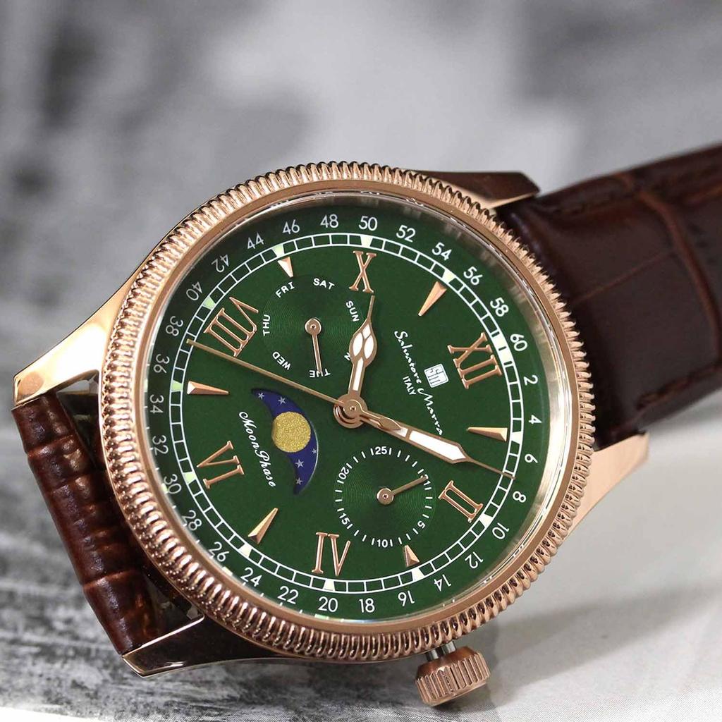 Часы Moon Phase Multi Calendar 5 ATM Water Resistant Business Formal Leather Belt Limited Model Pink Gold Green [Salvatore Mara] Men's SM24110-PGGR