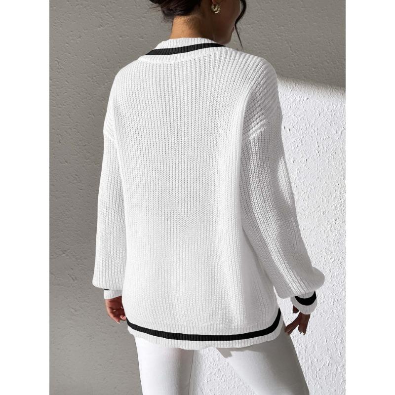 Autumn and Winter Women's Color Contrast Stitching V-neck Long Sleeve Beaded Casual Sweater