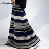 Korean Fashion Autumn Spring Women Maxi Long Skirt High Waist Contrast Color Striped Knitting Skirt Knitted Elegant Feminine Ladies' Skirt
