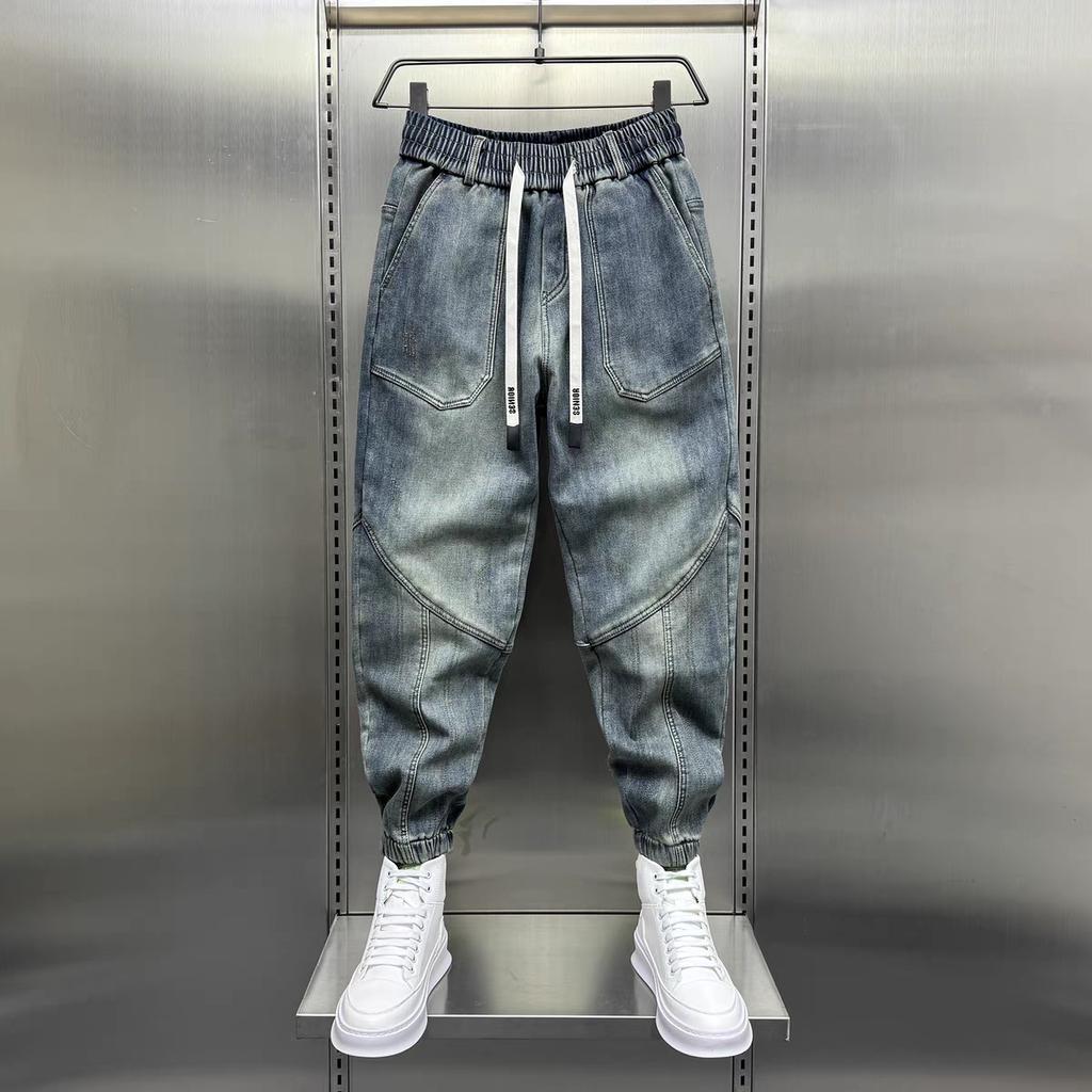 Синие джинсы из денима, свободные шаровары, эластичные манжеты на талии, повседневная одежда для весны и осени, роскошная мужская корейская мужская мода