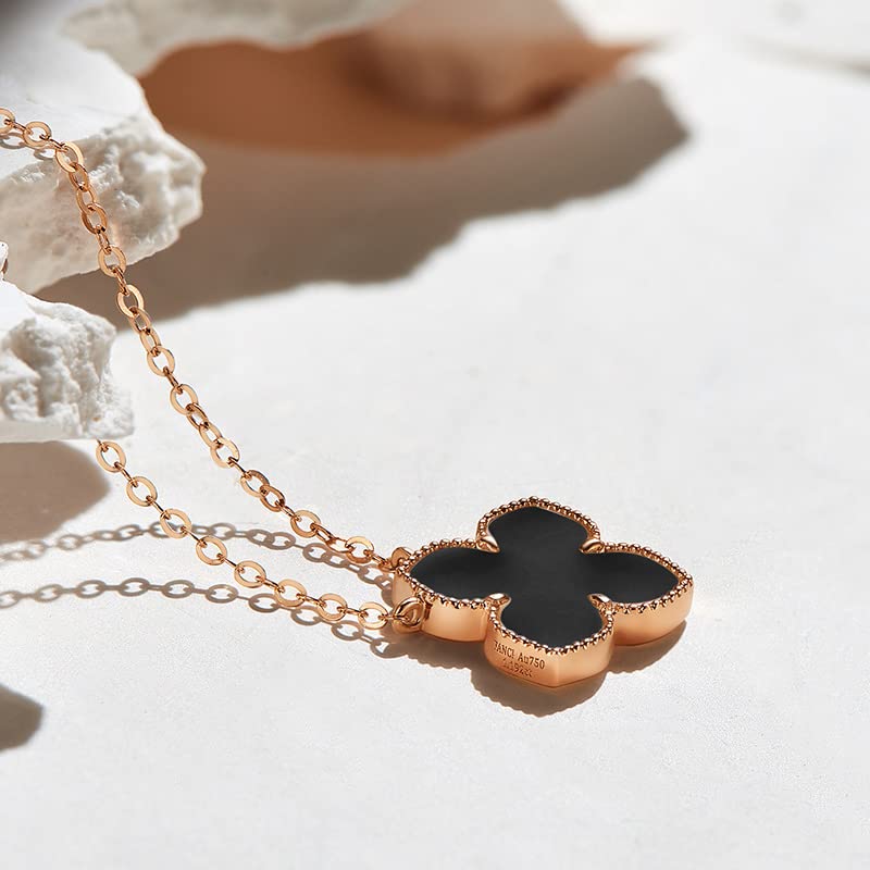 Necklace K18 Pink Gold Four Leaf Clover Pendant Natural Onyx Lucky 18K Gold Christmas Birthday Anniversary Present Gift Wrapping Included [FANCIME]