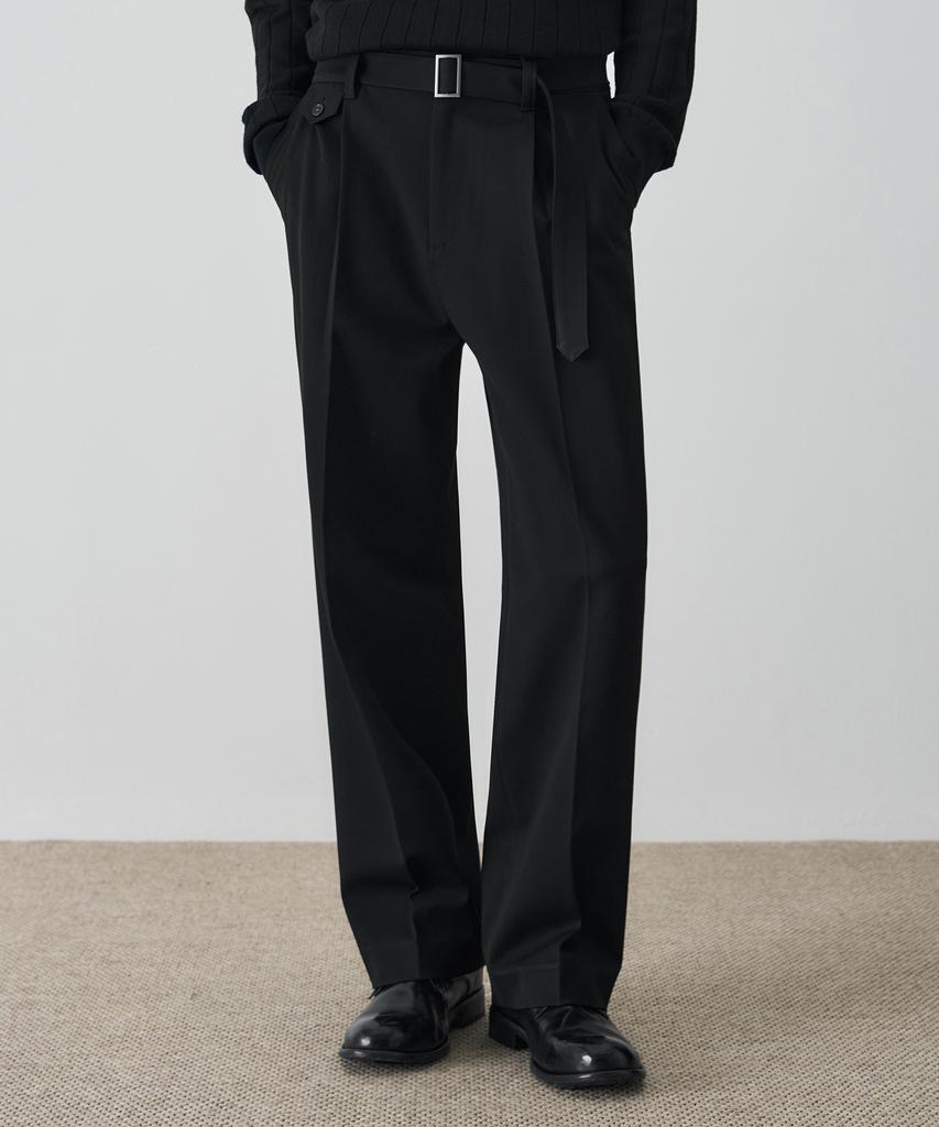 DRAW FIT Belted Semi-Wide Slacks [Black]