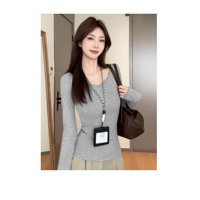 Women S Gray V Neck Long Sleeve Fitted Inner Top For Spring Autumn