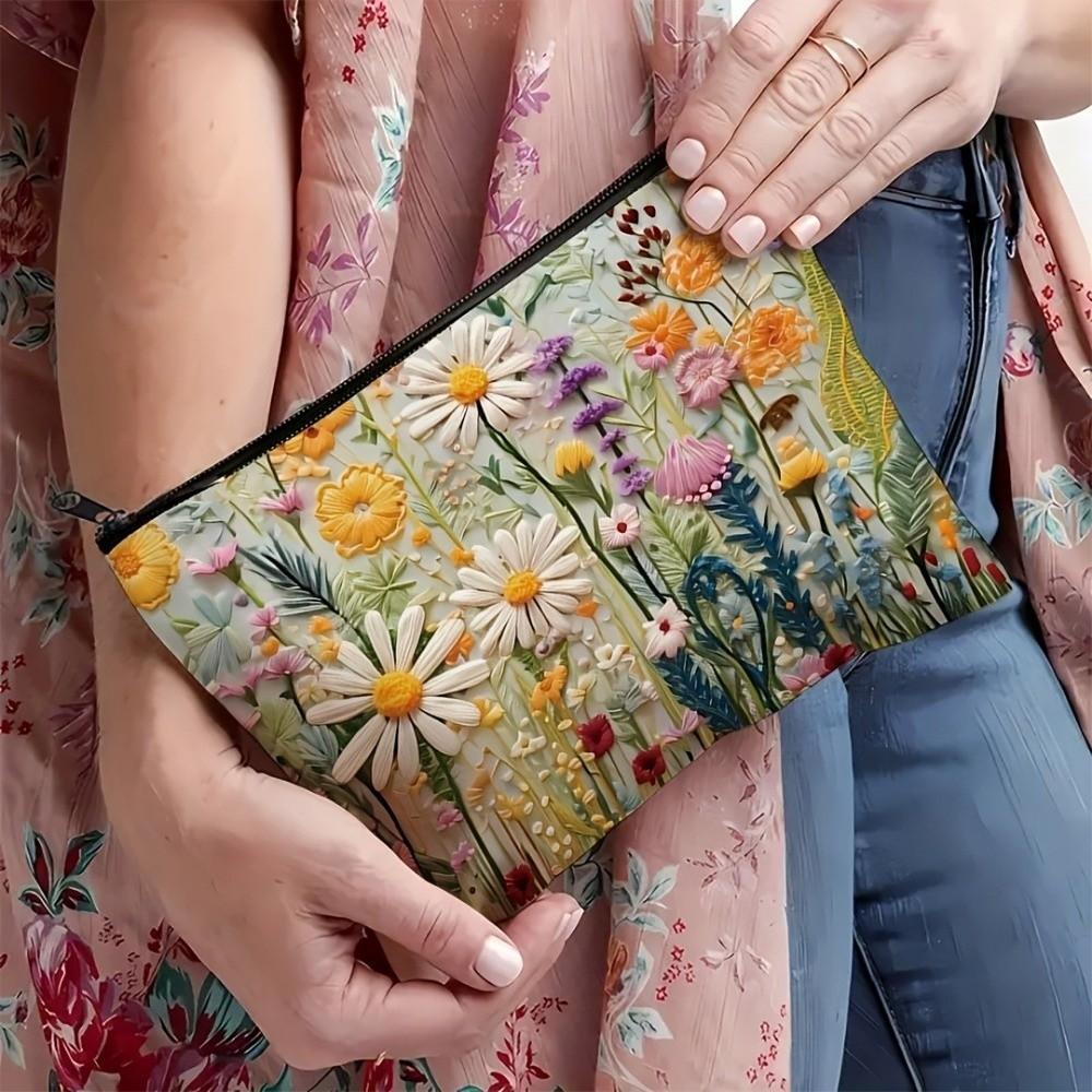 Canvas Flower Makeup Bag Double-sided Printed Cosmetics Storage Bag  Outdoor Use