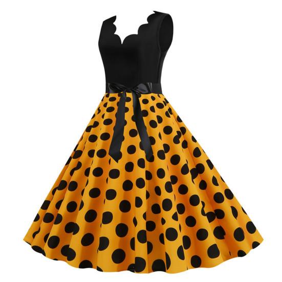 Женское вечернее платье трапециевидной формы без рукавов в стиле ретро в стиле пэчворк с принтом в горошек