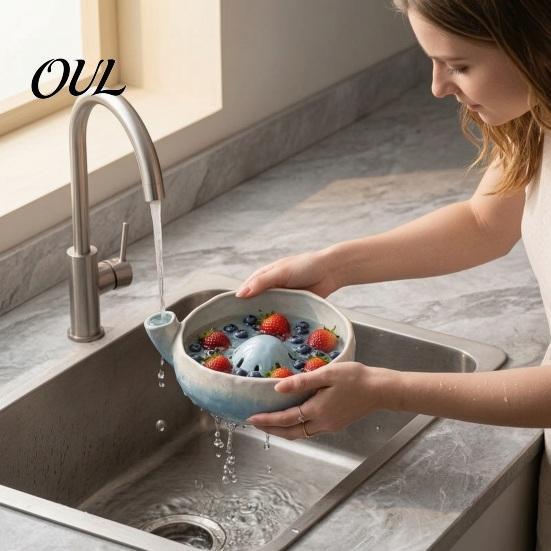 Kitchen Gadgets for Food Prep Ceramic Berry Washing Bowl with Drainage Hole, Easy Clean Strainer Small Fruit Rinse And Serve Bowl, Compact Self