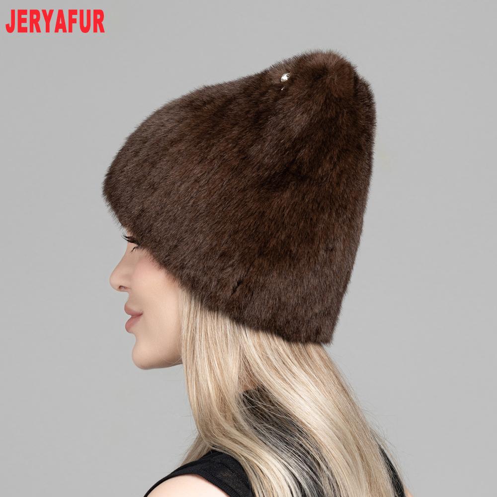 JERYAFUR Женская зимняя шапка с ушками кошки из искусственного меха, милый пушистый теплый модный женский колпак со стразами для холодной погоды