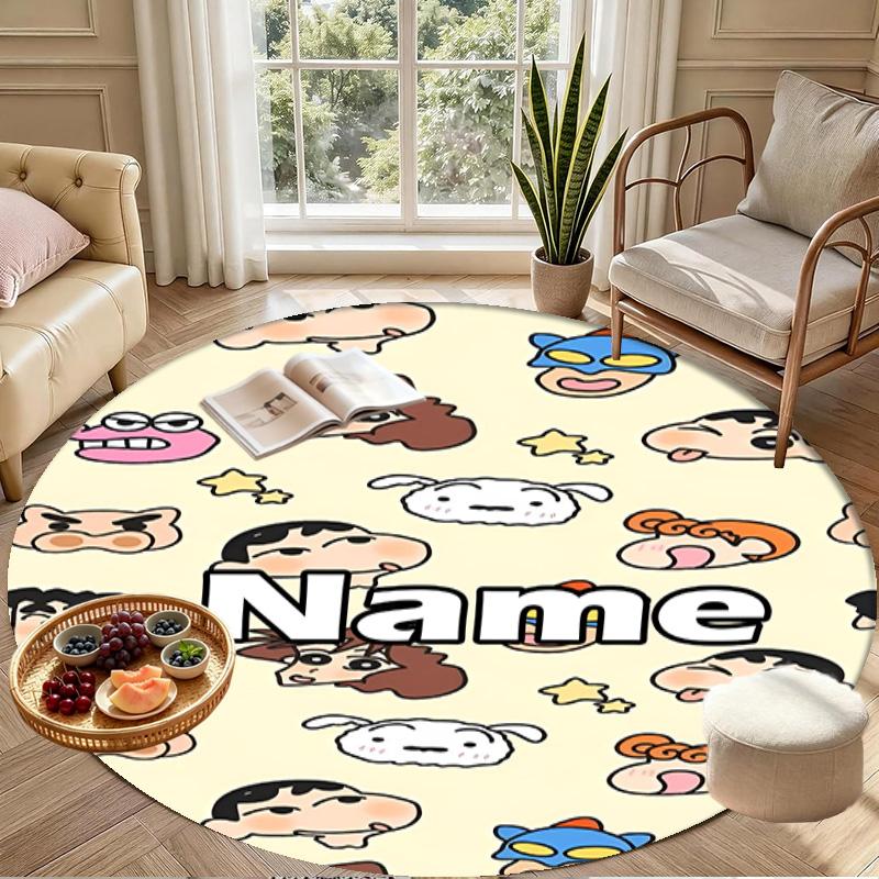 Custom Name Personalized Crayon Shin Print Round Rug, Versatile Home Decor Carpet, for Playroom, Apartment, Balcony, Entryway, Hallway Gift