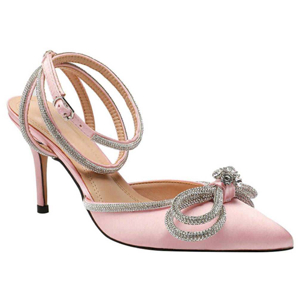 Женские туфли-лодочки со стразами и бантом на каблуке, блестящие свадебные туфли с закрытым острым носком, сексуальные туфли-лодочки с тонким каблуком и ремешком на щиколотке, свадебные туфли на каблуке, босоножки