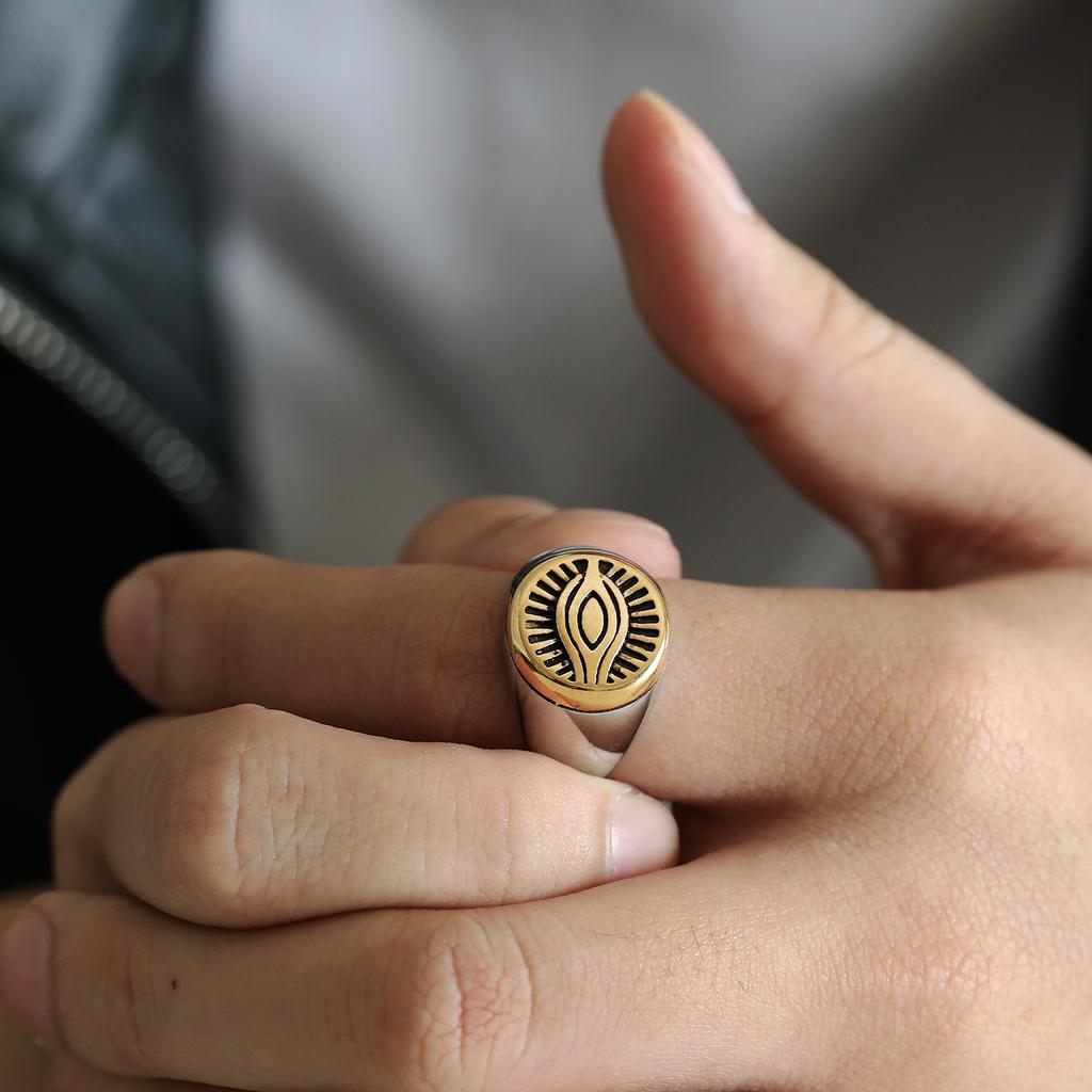 Fashion Retro Devil's Eye Men's Stainless Steel Ring Vintage Personalised Titanium Jewellery Accessories Two Colours Splicing Design Boy Finger Ring