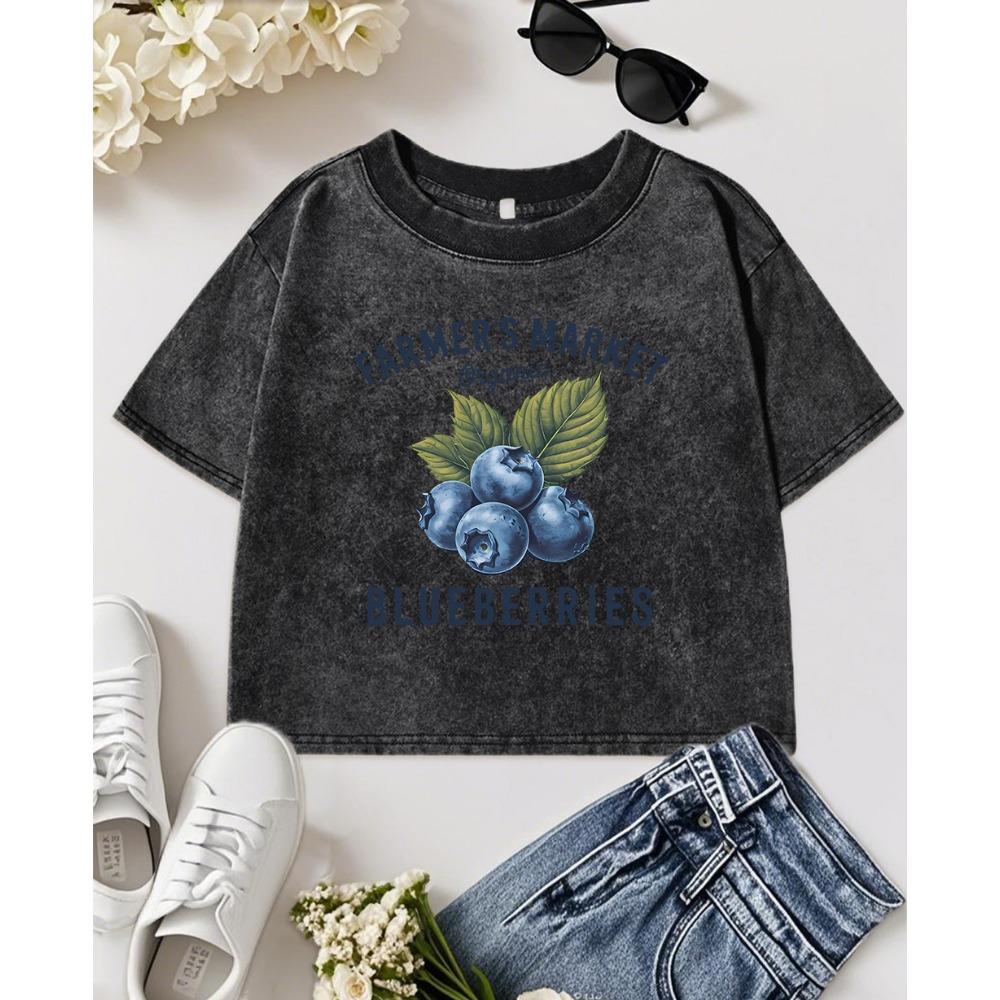 Женская выстиранная футболка с принтом органической голубики с фермерского рынка, спортивные хлопковые футболки Y2K, облегающий топ, летняя спортивная одежда