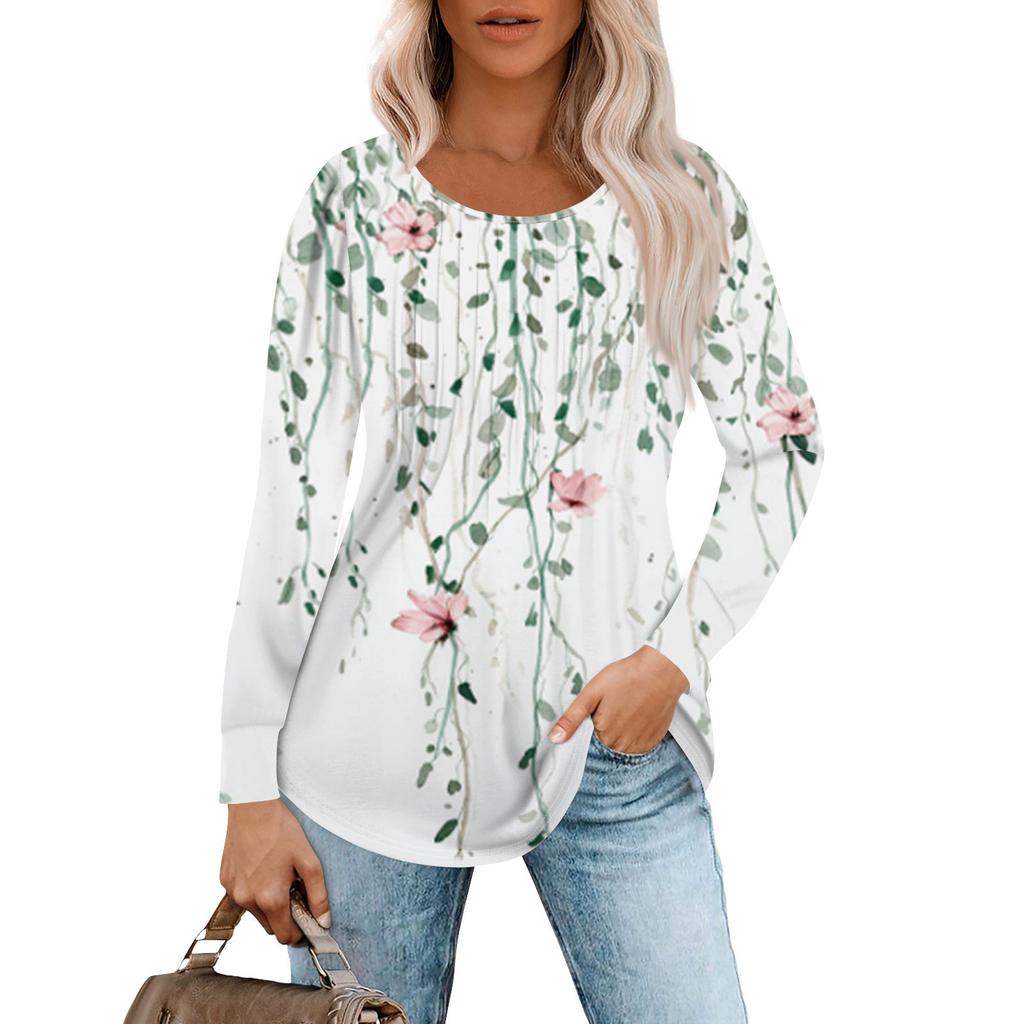 Рубашки с длинным рукавом для женщин, топы, нарядные повседневные блузки, плиссированные топы-туники с круглым вырезом